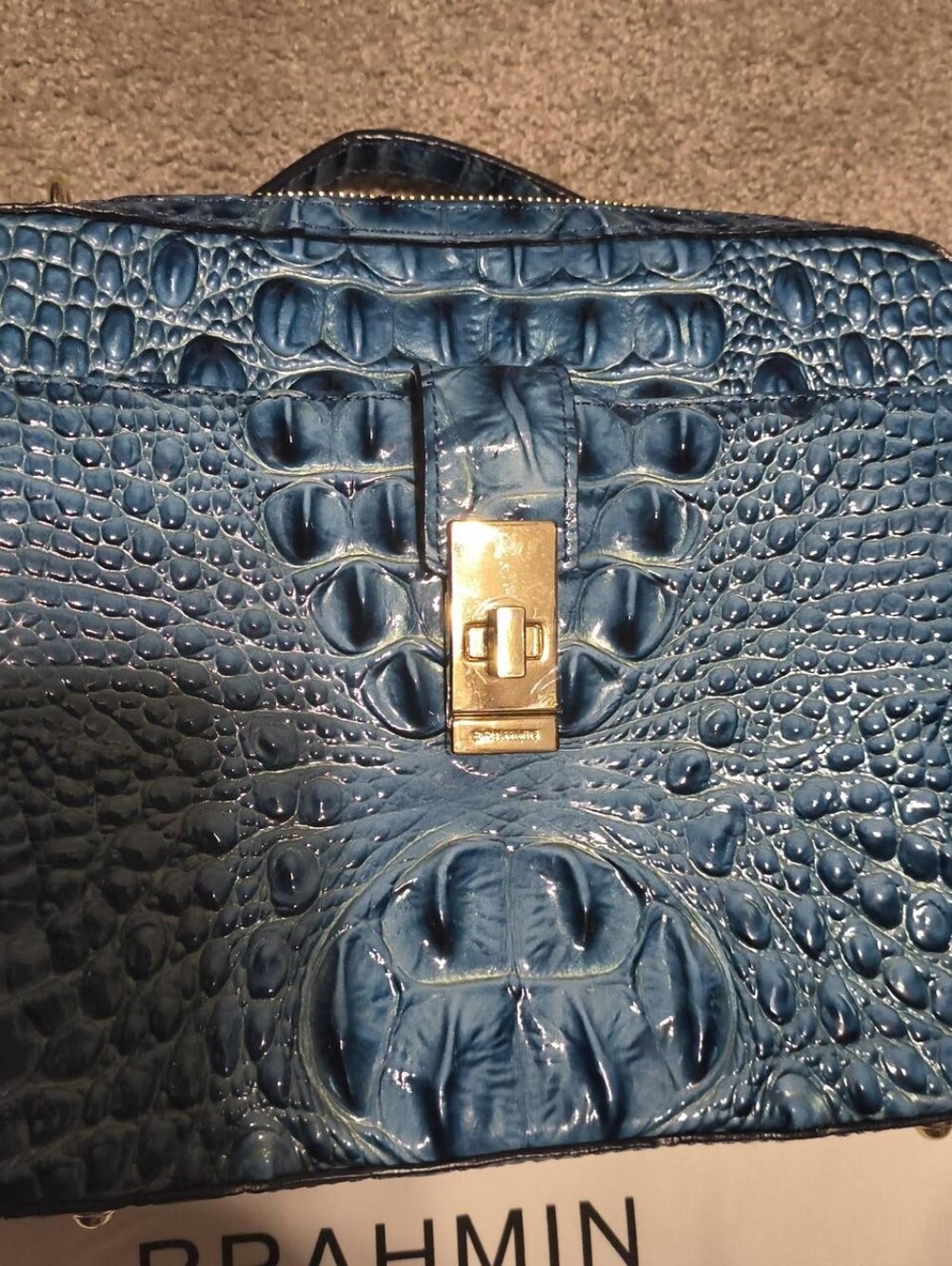 Brahmin Teal-Blue Croc-Embossed Satchel with Gold Hardware